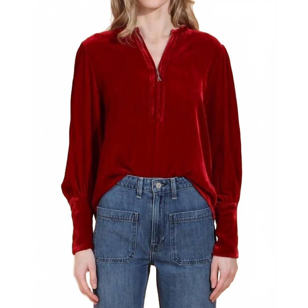 NEW JESSIE LIU silk velvet zip front blouse in red